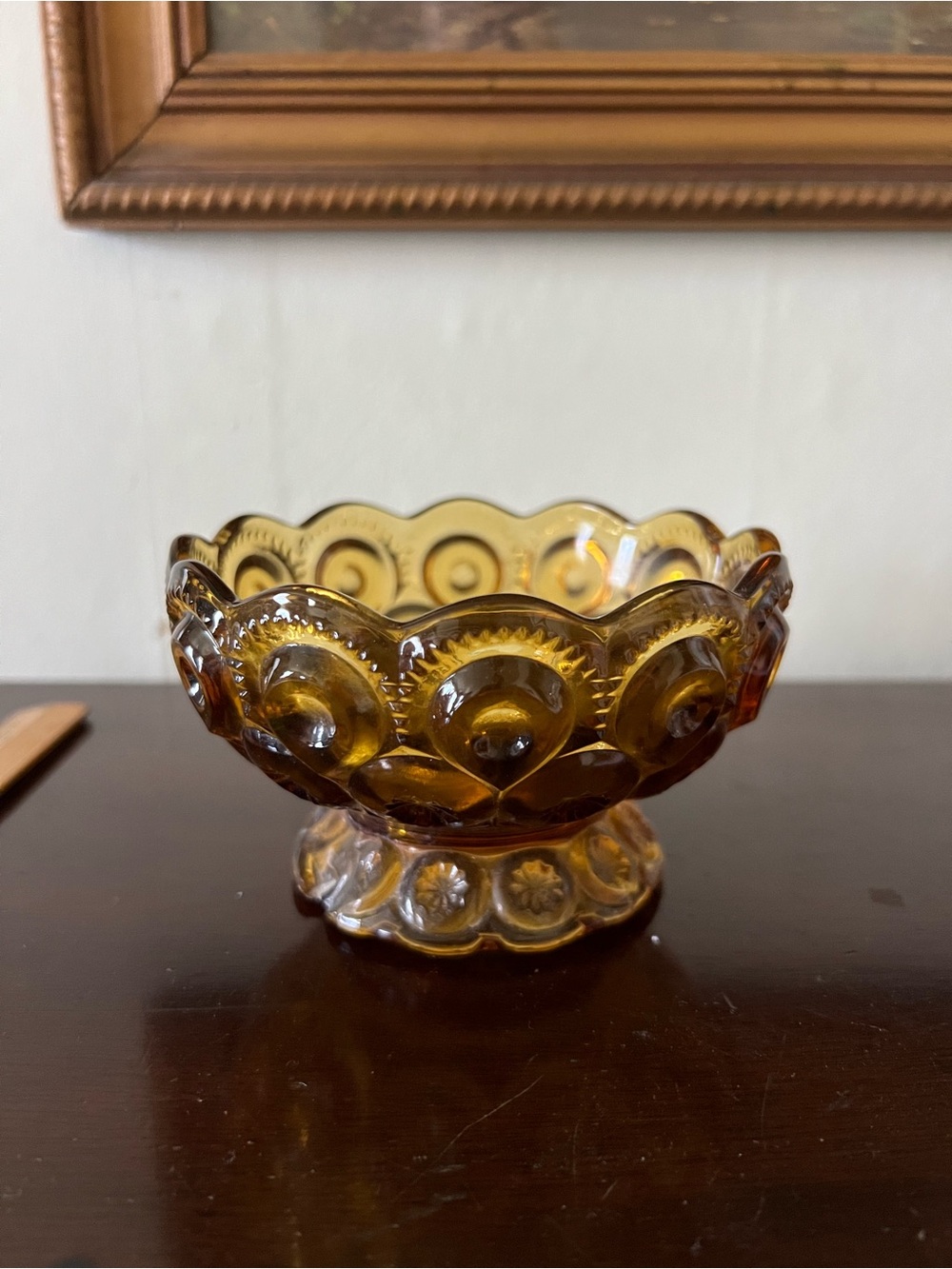 Amber Glass Pedestal Bowl - Decorative Home Art - vintage 60’s/70’s